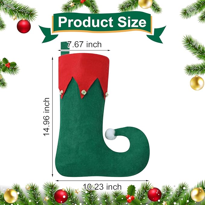 12 Pack Christmas Elf Stockings, Felt Elf Christmas Stocking with Bells Hanging Stockings, Green Xmas Stockings for Family Christmas Holiday Decorations