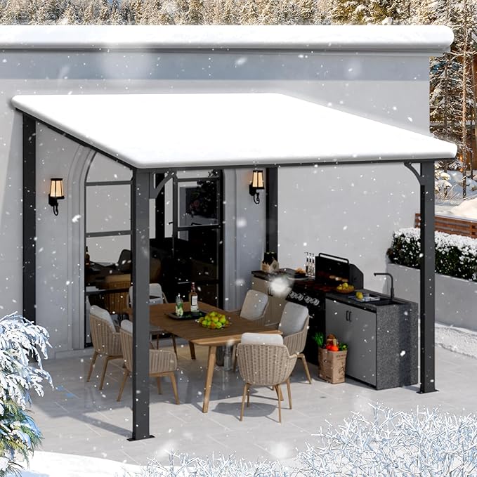 U-MAX 10' x 10' Outdoor Pergola Hardtop Gazebo, Wall-Mounted Heavy Duty Lean to Metal Awnings Gazebos on Clearance for Patio, Large Galvanized Steel Pergolas and Gazebo for Outdoor Use