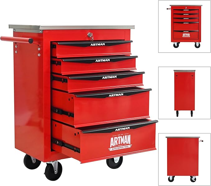 RYH 4/5/6/7 Drawers Rolling Tool Chest -Heavy Duty Mobile Metal Tool Box with Locking Wheels, with Stainless Steel Worktop, Garage Tool Storage Cabinet (Red, 5-Drawers 30.7 H¡¿22.2 W)