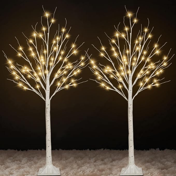 2-Pack 4FT Lighted Birch Trees (Higher Size & Floor Standing), 96 LED Twinkling Birch Christmas Tree Lights for Indoor & Outdoor, 2 Modes Warm White Tree Lights for Christmas Thanksgiving Home Decor