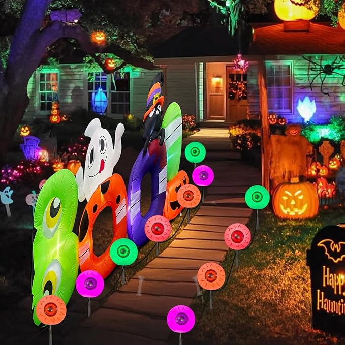 GOOTHY Outdoor Halloween Decorations Pathway Lights, 7Ft Halloween Eyeballs Pathway Markers String Light Waterproof with 4 LED Scary Eyeballs Stakes Lights for Outdoor Walkway Yard Lawn Garden
