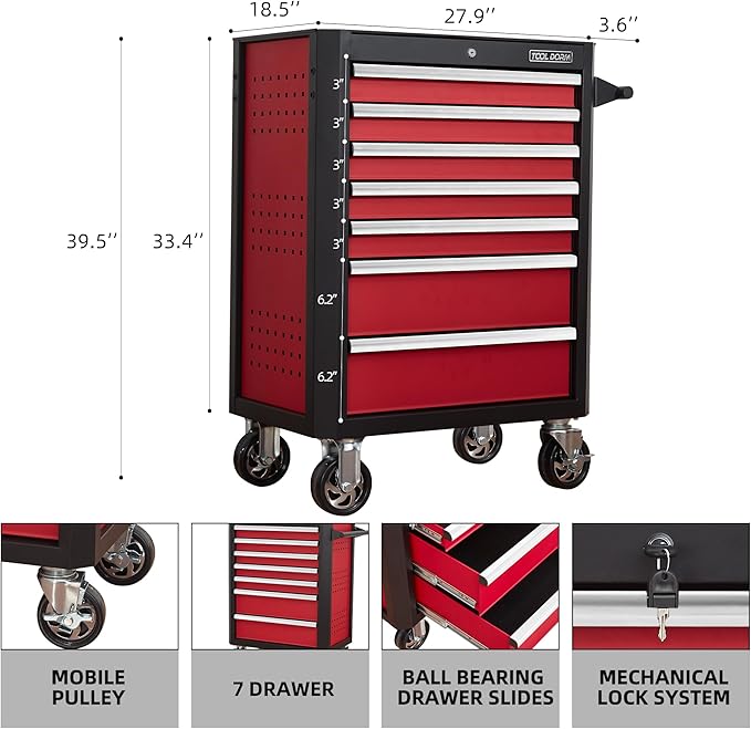 Upgrade 7-Drawer Rolling Tool Chest with Locking Wheels & Drawers, 18.5 D x 27.9 W x 39.5 H Mobile Tool Storage Cabinet, Heavy-Duty Garage Organizer w/Ergonomic Handle