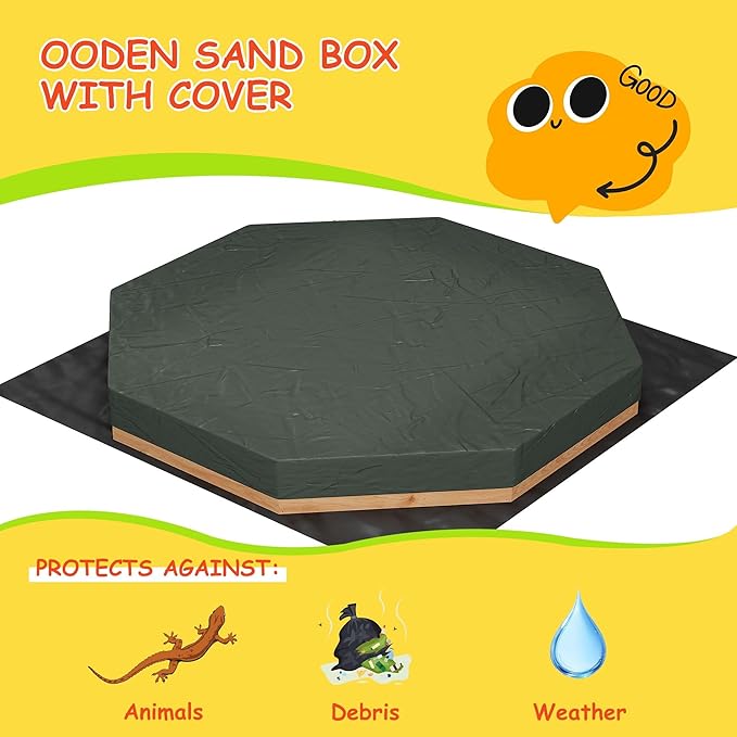 82 Extra Large Wooden Octagon Sandbox with Cover and 4 Bench Seats, Outdoor Kids Sand Pit with Bottom Liner, Fits 6-8 Children, Solid Fir Wood Sandpit for Backyard, Patio, Ages 3-8