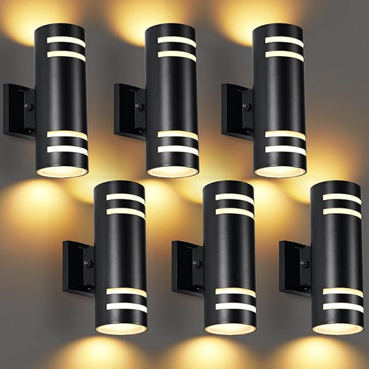 Dusk to Dawn Wall Light 6 Pack, Modern Outdoor Wall Lights with LED Bulbs, Cylinder Black Porch Light Fixture Wall Mount, Up and Down Lighting Outdoor Wall Sconce for House Porch Door