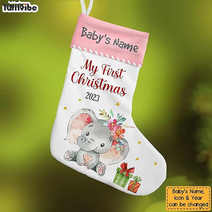 LOVELYPOD Christmas Stockings Personalized with Name, 19" Christmas Stocking Elephant Baby First Christmas Stocking 2023, Xmas Stocking Holiday Christmas Decoration Gifts for Family Kids