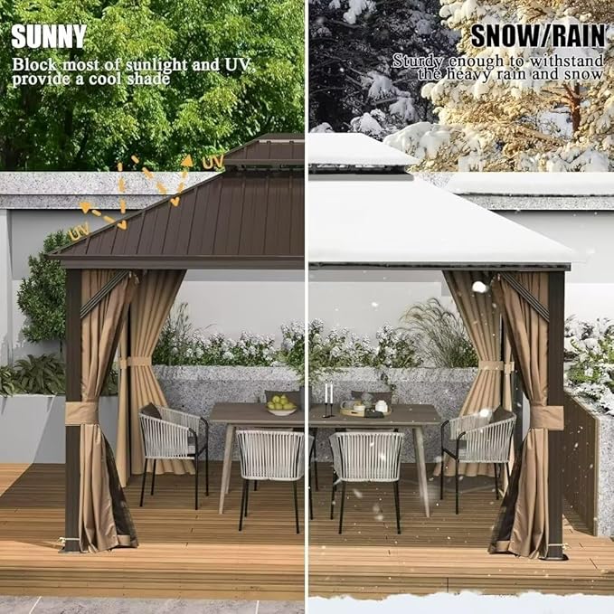 Domi 10'x12' Hardtop Gazebo Canopy,Outdoor Metal Gazebo with Galvanized Steel Double Roof,Curtain and Netting,Permanent Pavilion for Patio Deck,Backyard