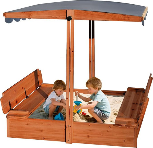 Wooden Sandbox with Lid & Canopy Cover, 48x48 Large Outdoor Sand Box for Kids Ages 4-8, with Foldable Bench Seats, UV-Resistant & Adjustable Height Roof & Bottom Liner