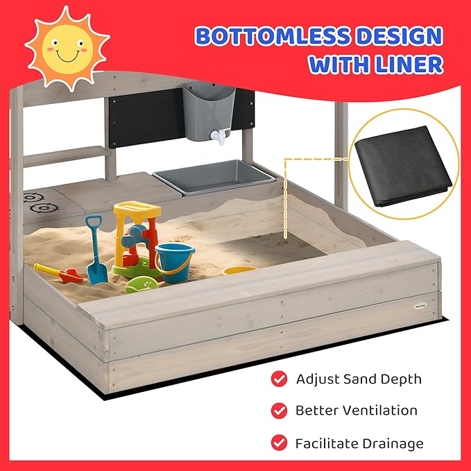 Outsunny Kids Sandbox with Cover, Wooden Outdoor Sandbox with Kitchen Playset Accessories, Height Adjustable Canopy, Outdoor Activity Gift for Boys and Girls Ages 3-7