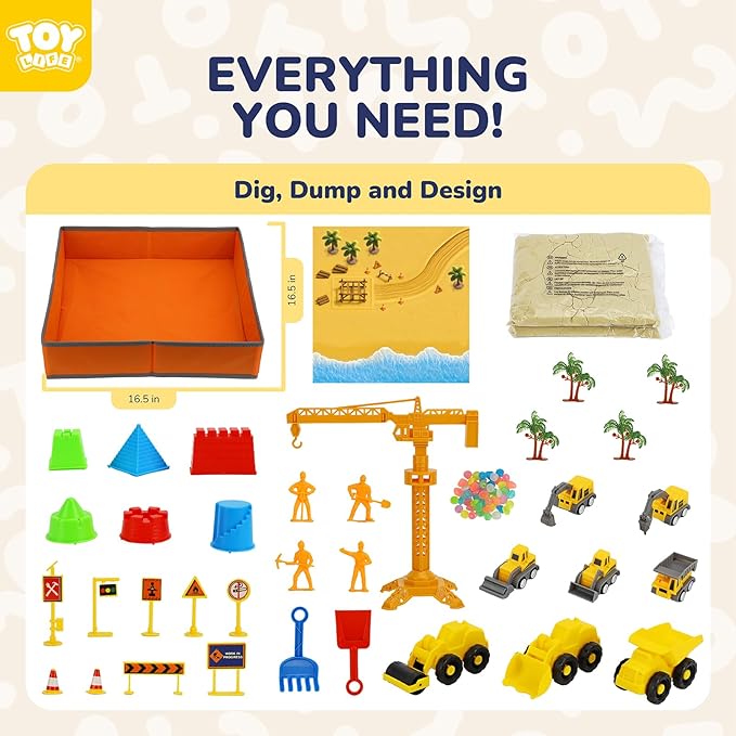 TOY Life 38 Pcs Sand Construction Kit with Big Foldable Sandbox with 2.2Ibs Magic Sand, Trucks, Castle Molds & Beach-Side Mat ? Indoor Sandbox Toy Construction Sensory Bins for Toddlers