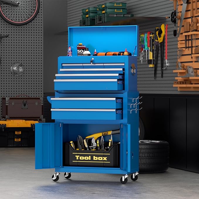 Crownland 8-Drawer Rolling Tool Chest with Wheels, Lockable 2 in 1 Detachable Tool Cabinet wit Drawers and Black Liners, Garage Top Toolbox & Bottom Storage Cart with Side Hooks(Blue)