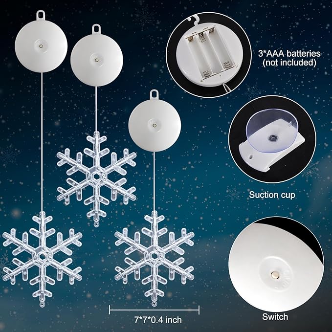3Pack Christmas Window Lights Decorations with Timer, Battery Powered Christmas Hanging White Lighted Snowflake Shaped LED Sucker for Xmas Lamp Tree Fireplace Indoor Decor