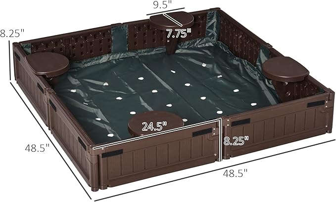 Outsunny Kids Outdoor Sandbox with Cover Garden Bed Sand Pit, Easy Assembly Children's Square Sandbox for Backyard, Brown, 48.5 x 48.5 x 8.25