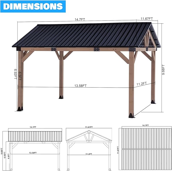 StarEcho Wooden Hardtop Gazebo 12 x14 FT,Heavy Duty Cedar Wood Pavilion Gazebos with Galvanized Steel Gable Roof,Outdoor Gazebo for Lawn Backyard Deck Patio Garden