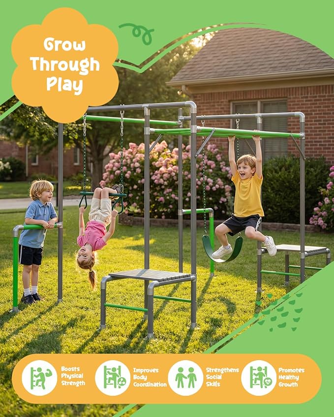 Outdoor Jungle Gym with Monkey Bars Frame, Climbing Set, Trapeze Swing Bar, Belt Swing, Kids Gymnastics Bars, Playground Set with Powder Coated Galvanized Steel for Backyard, Garden, Grass
