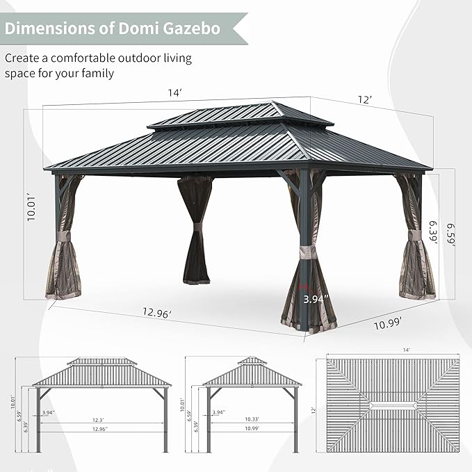 Domi 12’ x 14’ Hardtop Gazebo Canopy Outdoor Aluminum Gazebo, Galvanized Steel Double Roof with Netting for Deck, Backyard, Patio, Garden