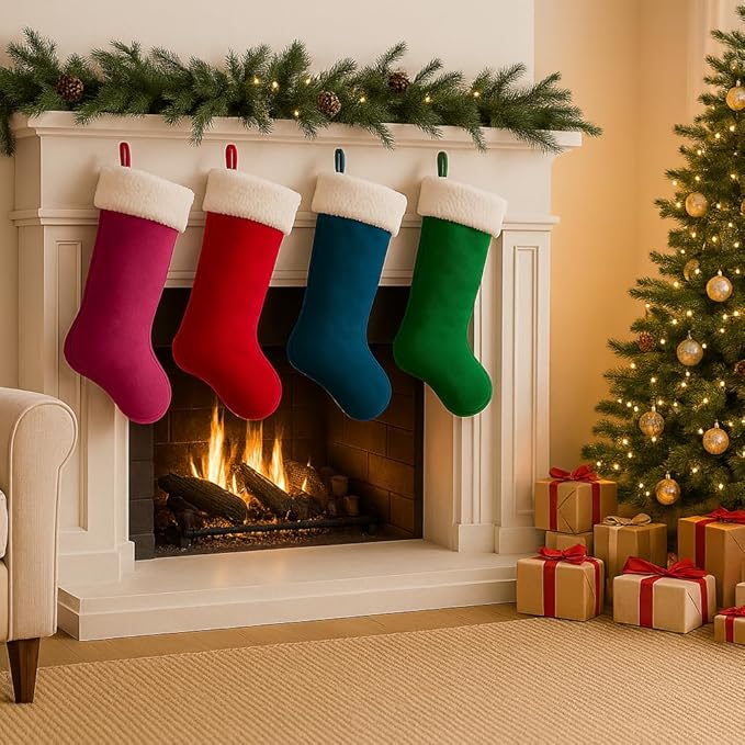 4 Pack Christmas Stockings 20 Inches Large Merry Christmas Stocking Holiday Party Decor Hanging Tree Fireplace Mantle Ornaments Decorations (4, Multi-Large)