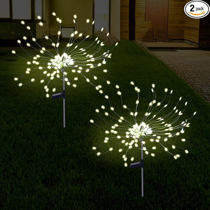 2 Pack Solar Firework Lights Outdoor, 175 LED Garden Lights with 2 Modes, Waterproof DIY Copper Wire Solar Starburst Light for Yard Wedding Patio Halloween Christmas Decor（Warm White）