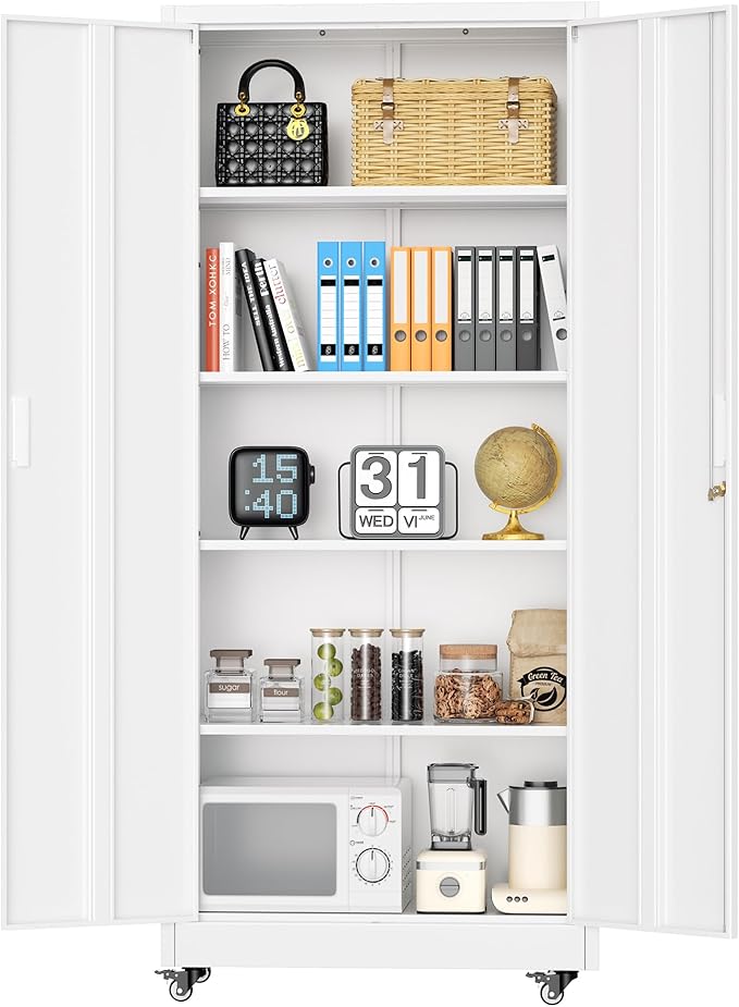 Superday 72¡± Metal Cabinet with Wheels, Lockable Steel Utility Cabinet with 2 Doors and 4 Adjustable Shelves, Tall Storage Cabinets for Garage, Home Office, Kitchen Pantry, Living Room, White