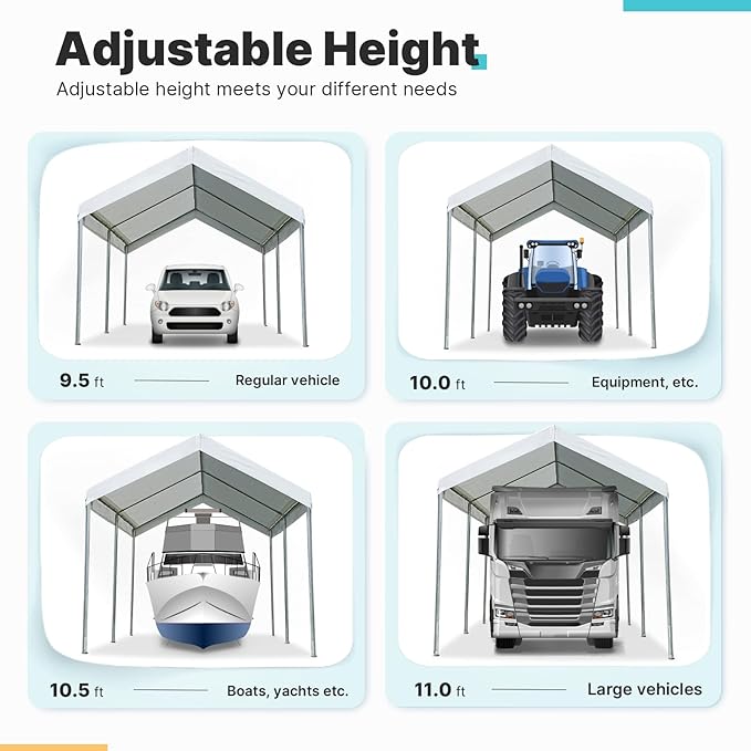 ADVANCE OUTDOOR 10x15 ft Heavy Duty Carport Potable Car Canopy Garage Party Tent Boat Shelter, Adjustable Height from 9.5 ft to 11 ft, White