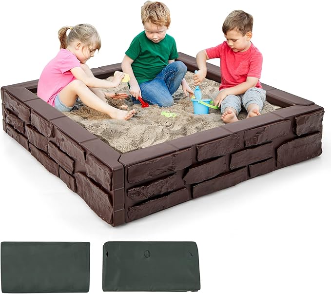 Costzon Kids Sandbox with Cover, 47x 47 HDPE Sand Box w/Oxford Cover, Bottom Liner, Reinforced Structure, Weather Resistant Outdoor Sand Pit for Backyard Lawn Garden Beach (Brown)