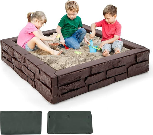 Costzon Kids Sandbox with Cover, 47x 47 HDPE Sand Box w/Oxford Cover, Bottom Liner, Reinforced Structure, Weather Resistant Outdoor Sand Pit for Backyard Lawn Garden Beach (Brown)