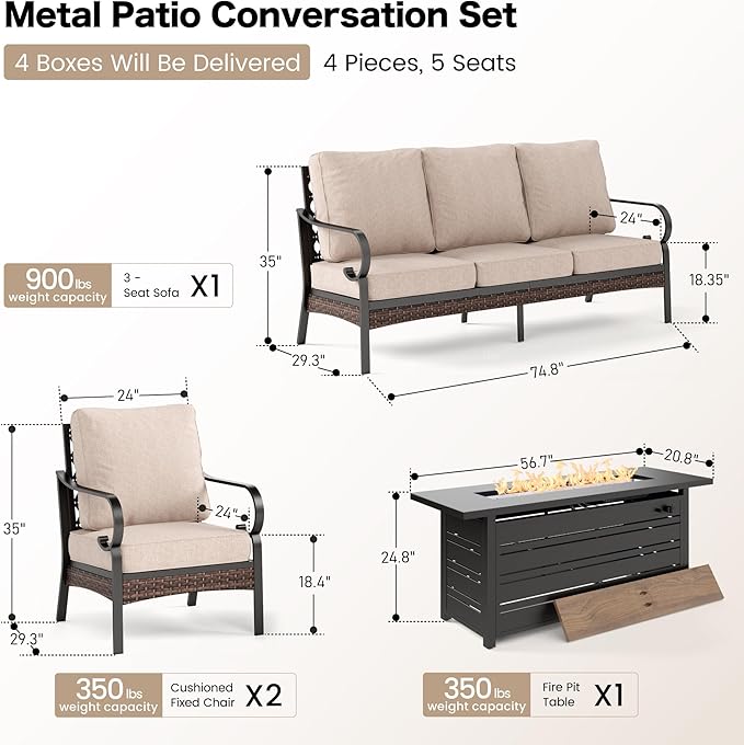 4 Piece Black Metal Outdoor Patio Furniture Sets with Firepit Table, Patio Conversation Sets 1 3-Seater Sofa, 2 Single Sofa with 5.75" Thick Cushion Backyard Furniture for Deck, Beige
