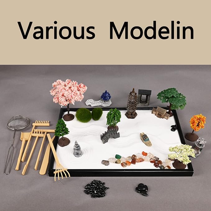 14" x 10" Large Japanese Zen Garden Kit for Desk – Includes 25+ Accessories: Sand Tray, Rake, Trees, Incense Burner, Bridge, Well, Door – Calming Decor Gift for Women, Mindfulness & Stress Relief