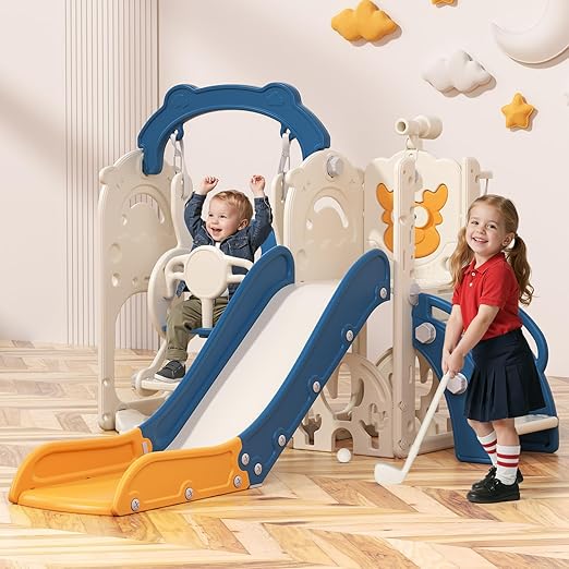 BIERUM Toddler Slide and Swing Set, 7-in-1 Indoor Outdoor Toddler Playset with Climber, Basketball Hoop & Golf Toys, Playground for Kids Ages 1+, Blue&Yellow