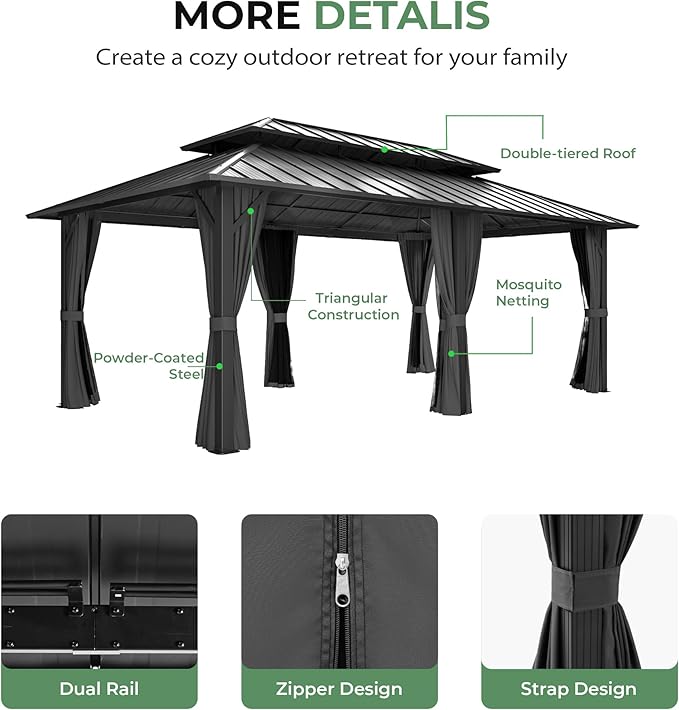 12' x 20' Hardtop Gazebo, Aluminum Frame Gazebo with Double Galvanized Steel Roof, Outdoor Permanent Pavilion with Netting & Curtains for Backyard, Garden, or Deck, Grey