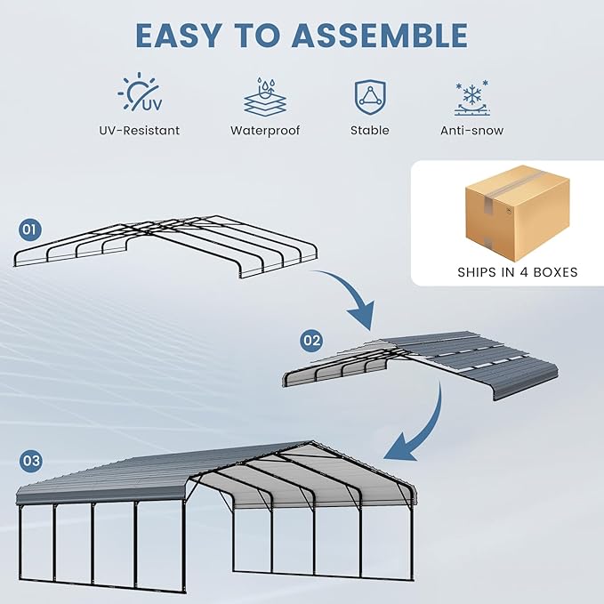 EROMMY 20x20 FT Stable Metal Carport, All-Weather Heavy-Duty Carports with Strong Base, Sturdy Car Shed with Galvanized Steel Roof and Frame, Easy Assembly Car Port for 2 Cars, Tractors, Boat, Gray