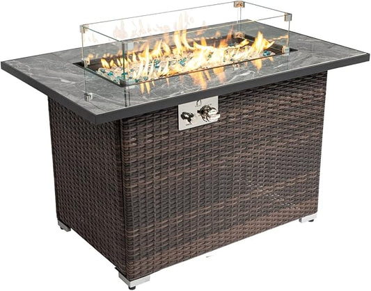 44in Outdoor Propane Gas Fire Pit Table, 50,000 BTU Auto-Ignition Gas Firepit with Glass Wind Guard, Marble Tile Tabletop, Mixed Color Glass Rocks, Brown PE Rattan¡¦