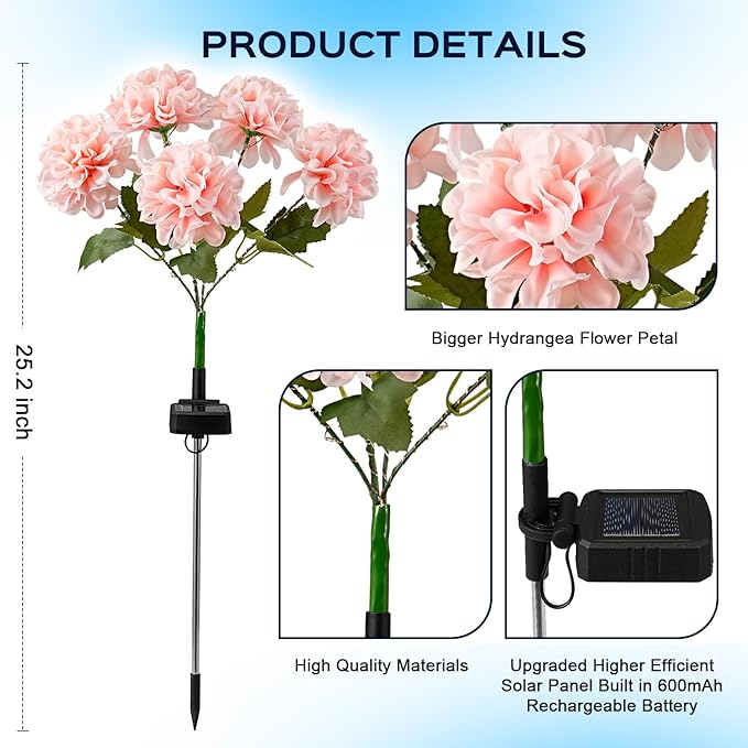 6 Pack Solar Garden Lights Outdoor, LED Colorful Waterproof Solar Powered Hydrangea Flowers Landscape Lights for Patio, Outside Yard, Pathway Decorative, Décor, Two Lighting Modes