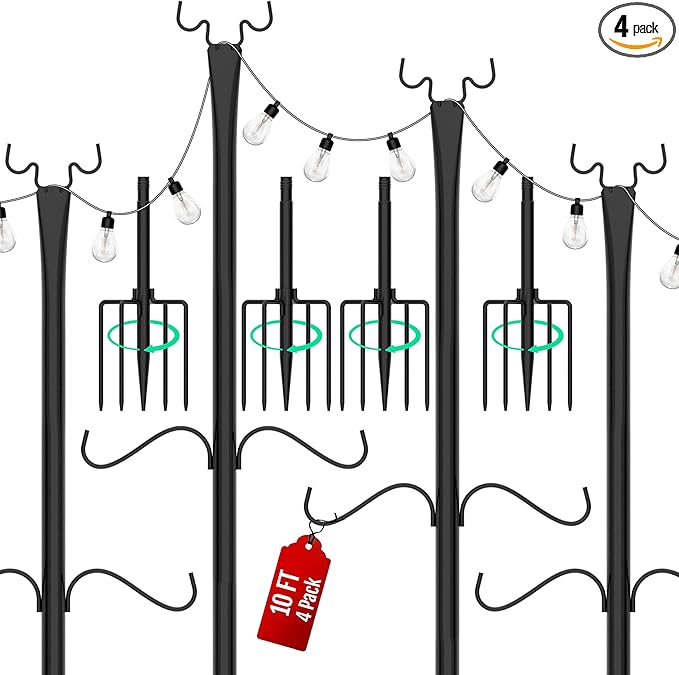 Birdream 4 Pack 10FT String Light Poles for Outside with Shepherd's Hook, Metal Pole for Garden Backyard Patio Decor Decoractions
