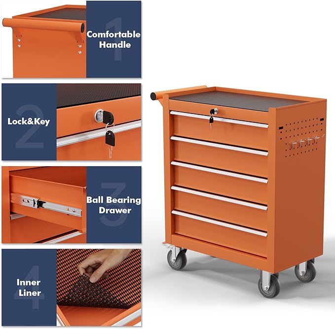 5-Drawer Tool Chest,Rolling Tool Cart with Wheels,High Capacity Tool Cabinet with Locking System for Garage, Warehouse, Workshop-Orange