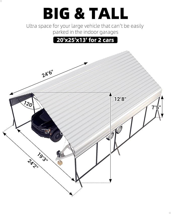 20x25 FT Metal Carport Heavy Duty Car Ports Reinforced Frame, Galvanized Steel Roof and Enhanced Base All-Weather Outdoor Oversized Shelter for Cars, Bass Boats, Full-Sized Pickup Trucks, Tractors