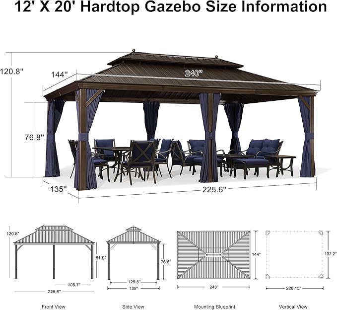 PURPLE LEAF 12' X 20' Hardtop Gazebo Pavilion for Outdoor with Netting and Curtains Deck Backyard Heavy Duty Sunshade Large Metal Patio Permanent Canopy