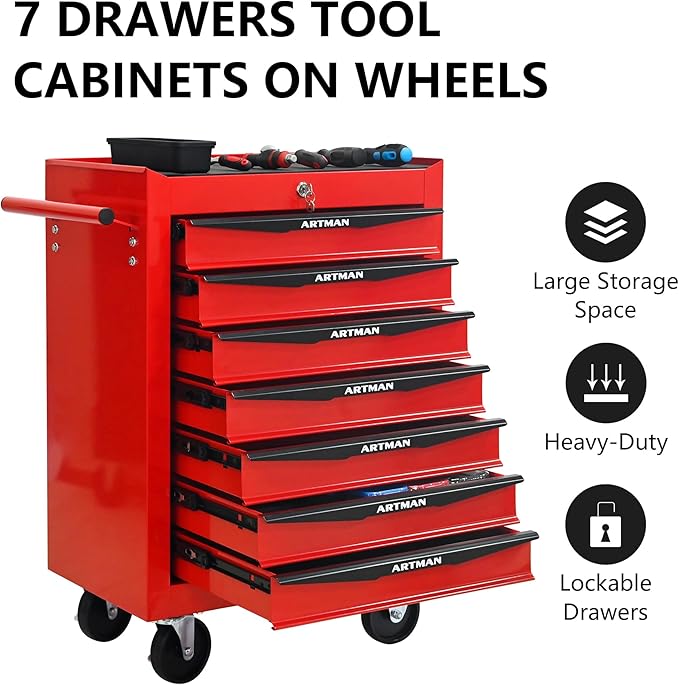 RYH 7 Drawers Rolling Tool Chest - Heavy Duty Mobile Tool Cart with Locking Wheels & Ball Bearing Drawers,30.5 H x 20.9 W x 13 D Garage Tool Storage Cabinet (Red, 7 Drawers)