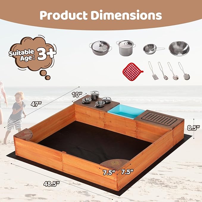 Kids Sandbox with Kitchen Playset, 2 in 1 Wood Sand Pit with Cover & Bottom Liner, Outdoor Toddler Sand Box with Corner Seats, Storage Bin, Sink & Cooking Accessories for Garden Beach Backyard