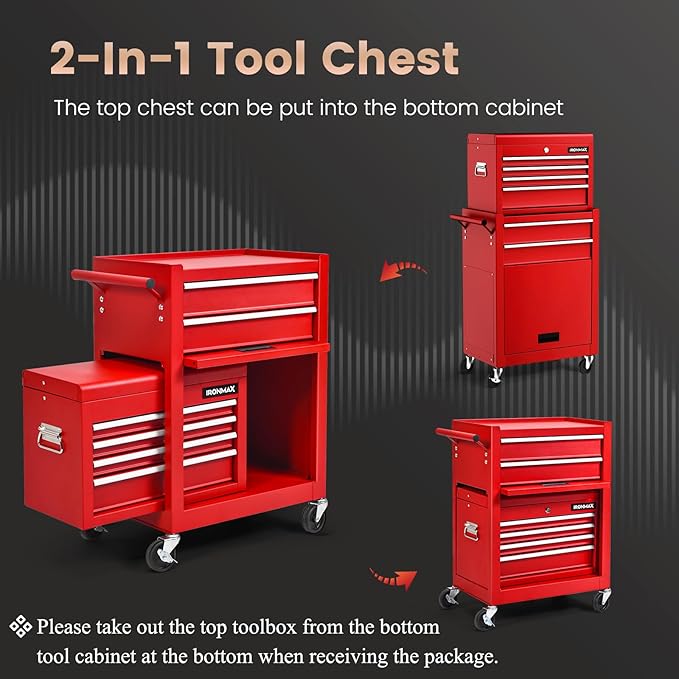 IRONMAX Rolling Tool Chest, 6-Drawer Lockable Tool Cabinet w/ 4 Universal Wheels, 2 in 1 Detachable Tool Box Storage Organizer for Garage Workshop Repair Shop (6-Drawer, Red)