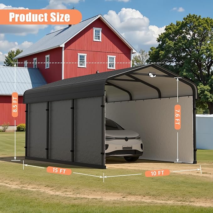 10x15 Metal Carport, Galvanized Steel Roof Car Port with Remvoable Polyethylene Sidewalls