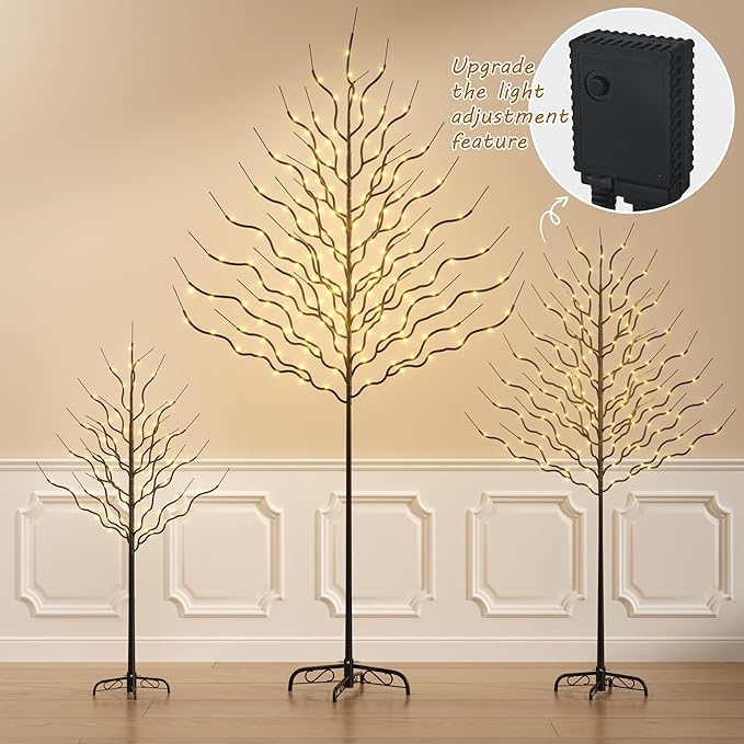 Outdoor Christmas Decorations Lighted Tree Set of 3, Light Christmas Tree Including 4 feet, 6 feet, and 8 feet, Christmas Tree Decorations with Warm White LED, Black Metal Branch for Holiday