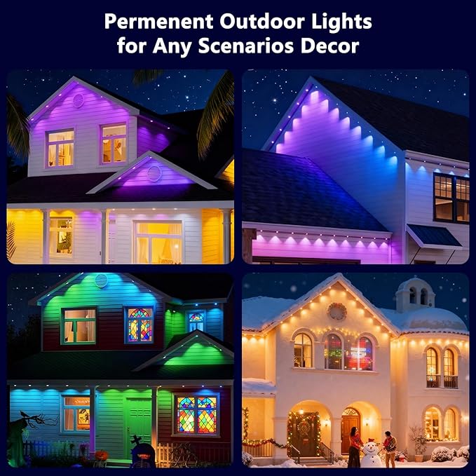 Permanent Outdoor Lights for House: 100FT Smart RGB+IC Eave Light for Halloween Christmas Decor,Warm/Cool White Lighting,IP67 Waterproof,Compatible with Alexa Google Assistant,White