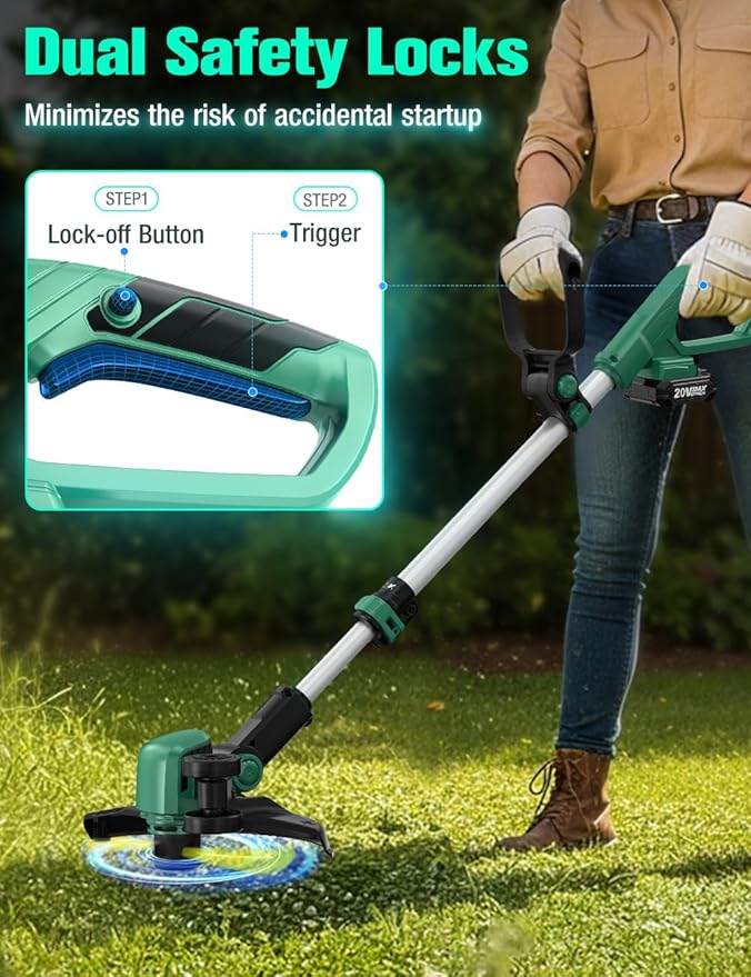 KIMO Cordless Weed Wacker Battery Operated w/ 2 x 2.0Ah Batteries, 2-in-1 String Trimmer & Edger with Charger & Wheels, 12 Dual-Sided Cutting Line, 10Pcs Cutting Lines, 20V Weed Trimmer for Lawn Yard