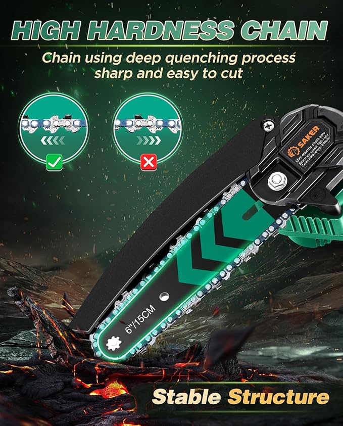Saker Mini Chainsaw with Auto Oiler|6 Inch Chainsaws[2025 Upgraded]|Mini Cordless Electric Chain Saw|Small Handheld Portable Chainsaw Battery Powered for Tree Trimmer and Garden 1 Battery+2 Chains