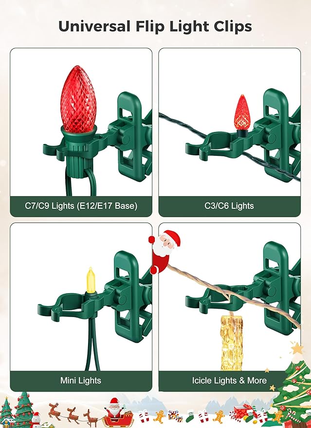 C7 C9 Christmas Lights Spring Clips, 150 Count Holiday Lights Quick Spring Clips, Shatterproof Shingle and Gutter Clips for E12, E17Socket, Rope Lights Roofline Fence Railing Mantel Christmas Trees