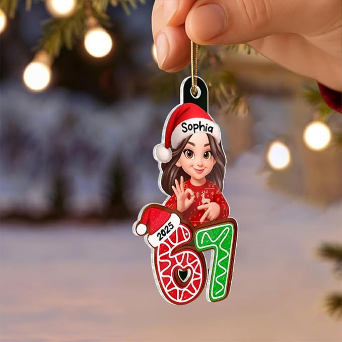Paraeva Custom 67 Ornament 2025, Custom Name Funny Gen Z Meme Decoration, Viral Six Seven Christmas Ornament with Santa Hat, Acrylic Ornaments for Teens, Gifts for Christmas 2
