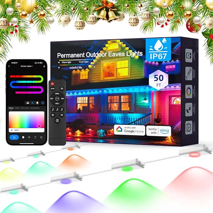 Permanent Outdoor Christmas Lights for House: 50FT RGBCW Outdoor Lights with 60LED Light,Color Changing Eave Lighting for Halloween Daily Decor, Smart App, Works with Alexa, Google Enabled, White