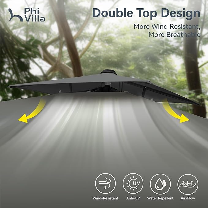 PHI VILLA 10ft Cantilever Patio Umbrella with Base, Outdoor Large Square Umbrellas with 360°Rotation, Heavy Duty Hydraulic Double Umbrella Windproof for Outside, Deck, Garden, Porch, Grey
