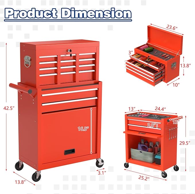 Rolling Tool Box with Wheels, 8-Drawer High Capacity Tool Chest with Wheels, Removable Storage Toolbox with Lock for Garage, Workshop (Red)