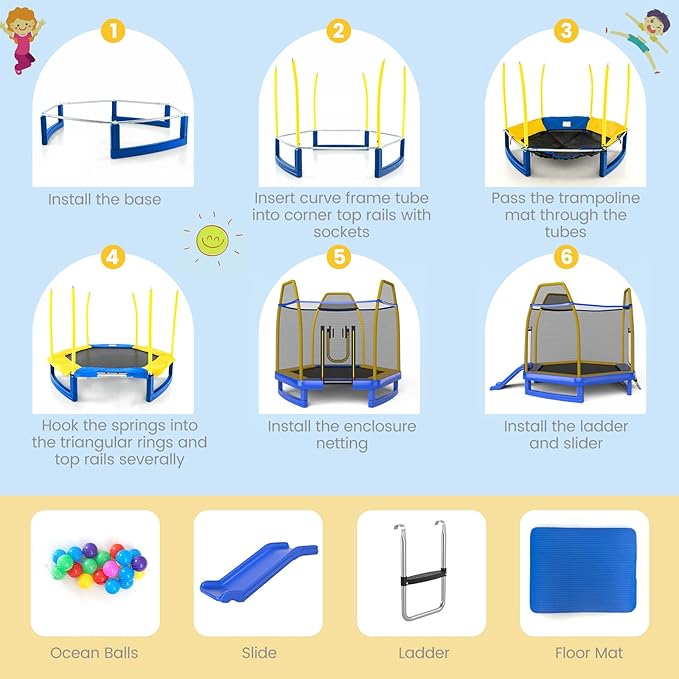 Goplus 7 FT Kids Trampoline with Slide, 87¡± ASTM Approved Toddler Trampoline with Galvanized Steel Frame & Safety Enclosure Net, Ladder, Indoor Outdoor Recreational Rebounder for Kids